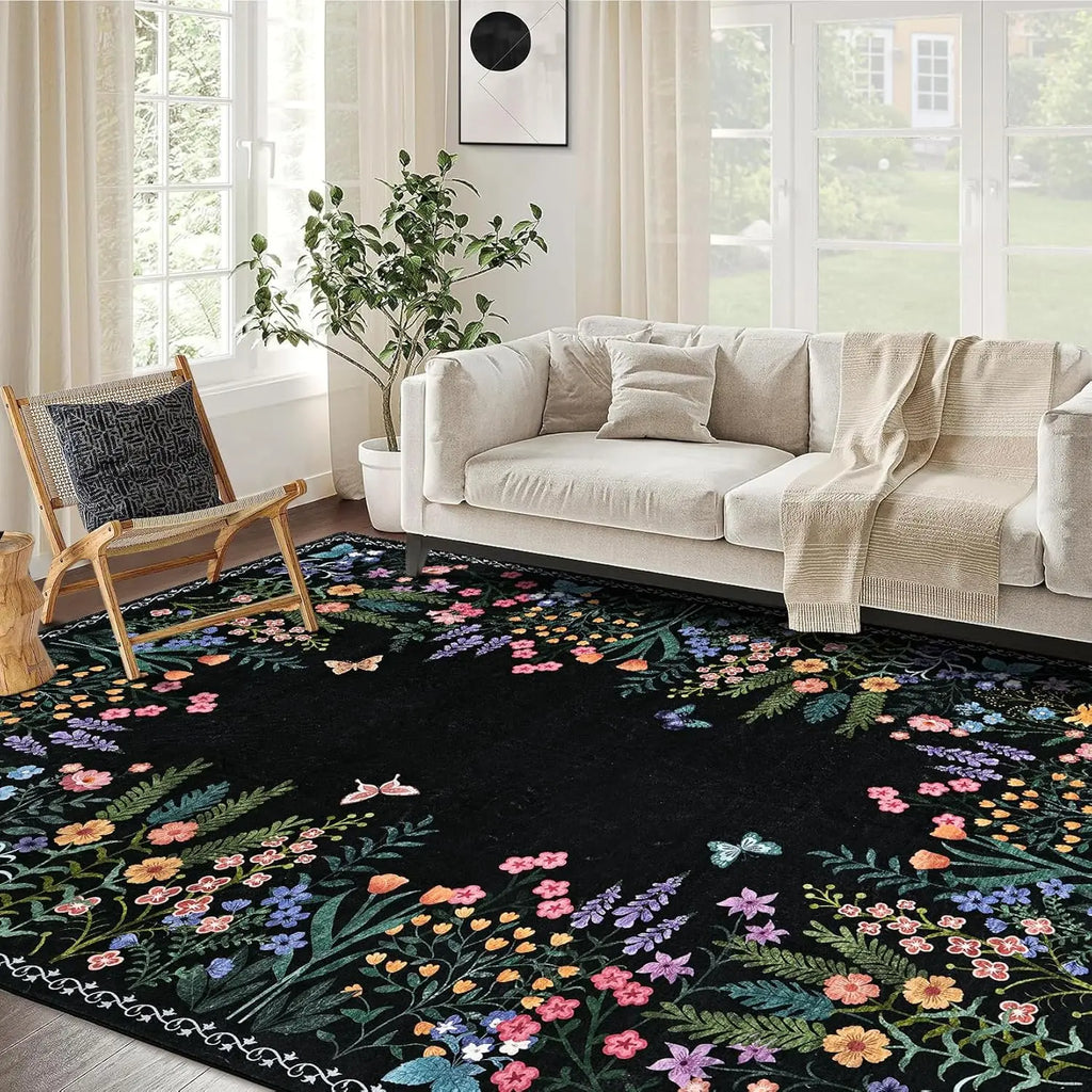 Boho Washable Floral Room Rugs, Non-Slip Soft