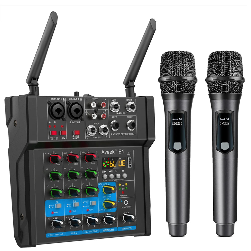 Aveek  Powered Amplifier Audio Mixer,Dual Wireless Mic Sound Board