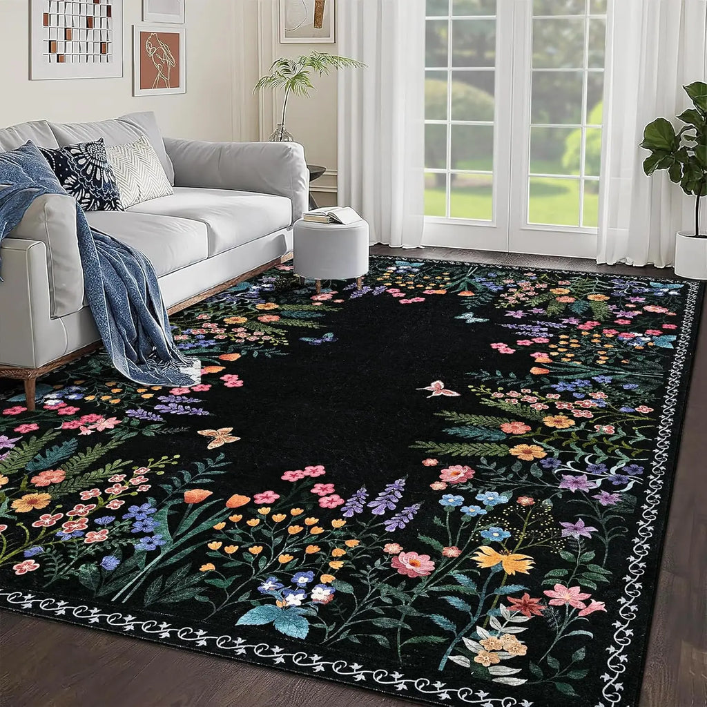 Boho Washable Floral Room Rugs, Non-Slip Soft