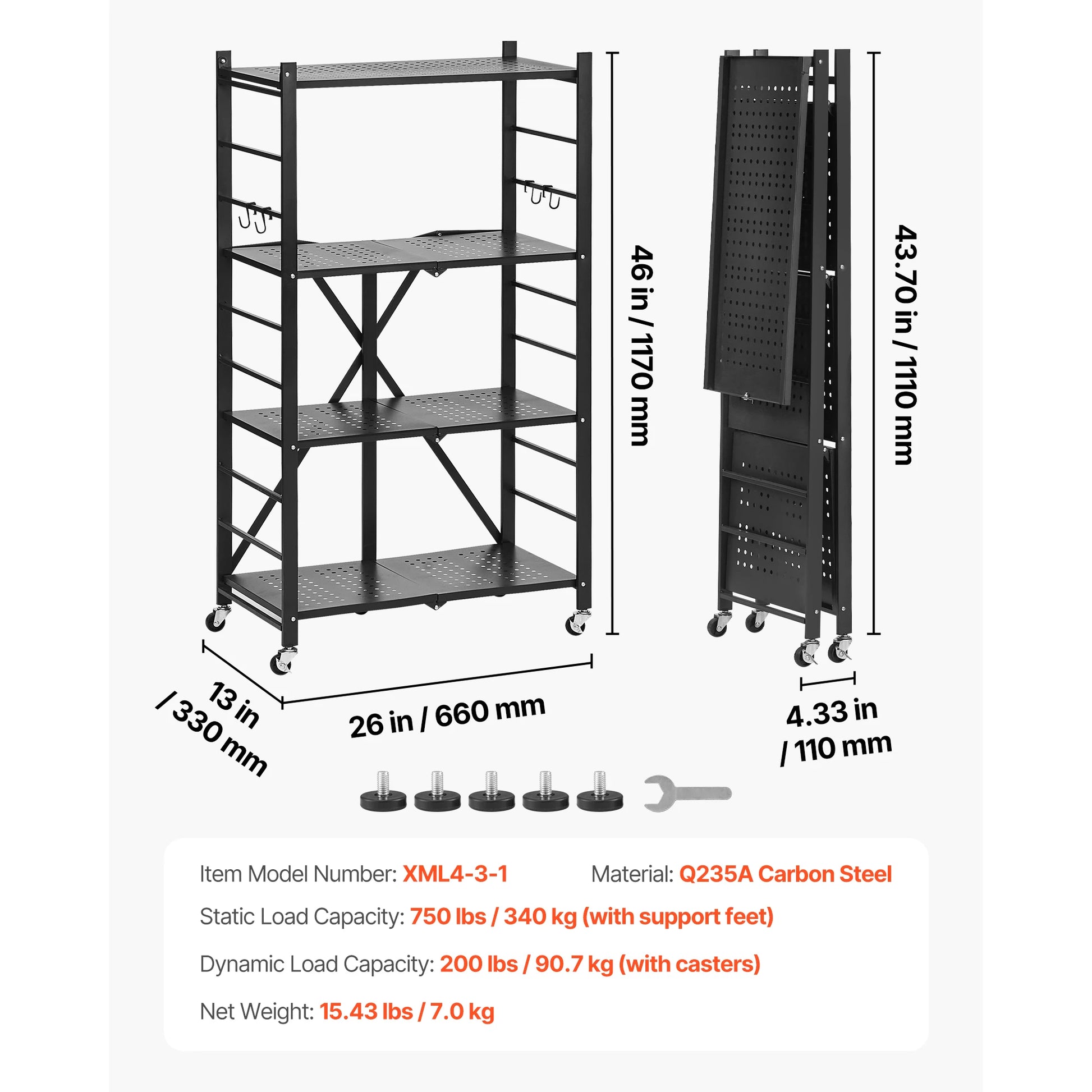 3/4/5/6 Tier Black Foldable Storage Shelf with Wheels