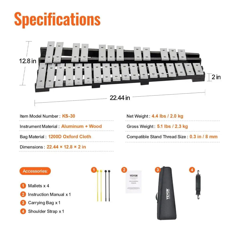 30-Note Glockenspiel Xylophone Set w/Mallets & Sticks