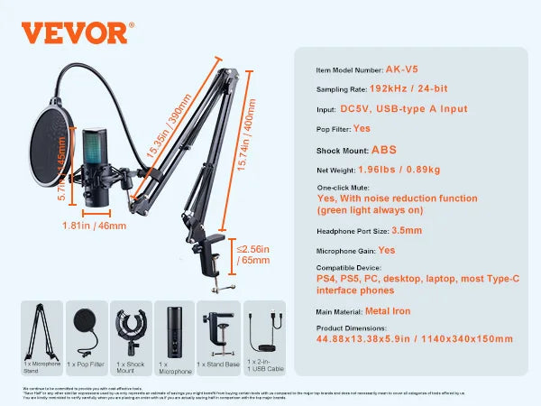 VEVOR USB Microphone 192kHz/24-bit Professional