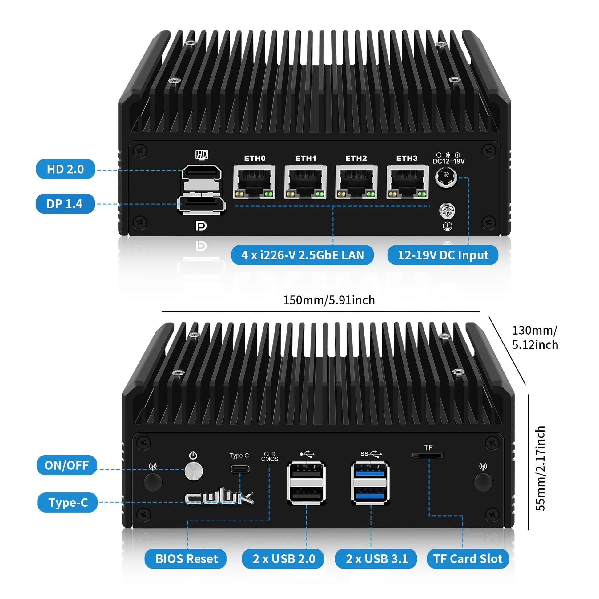 CWWK Mini PC Fanless Ryzen 5 5500U Firewall Appliance