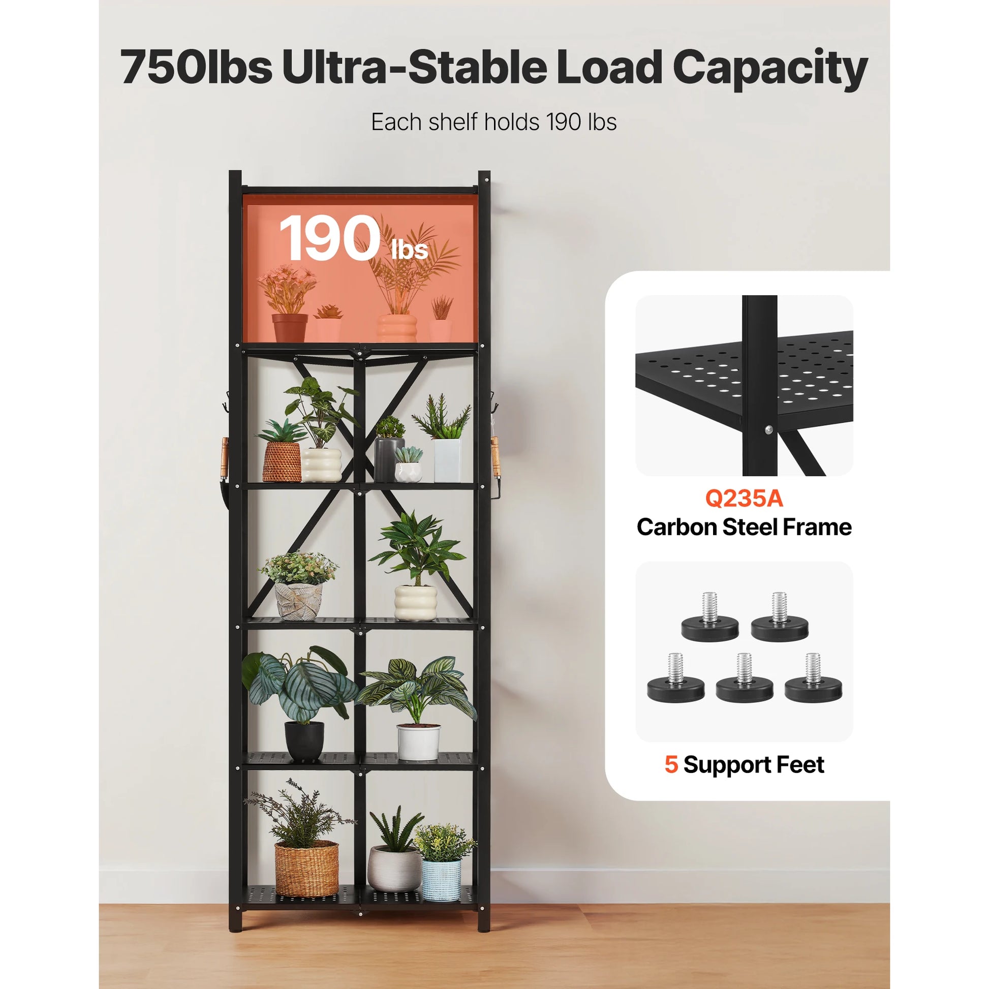 3/4/5/6 Tier Black Foldable Storage Shelf with Wheels