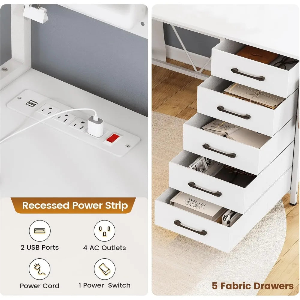 L Shaped Computer Desk with Led Lights, and Power Outlet
