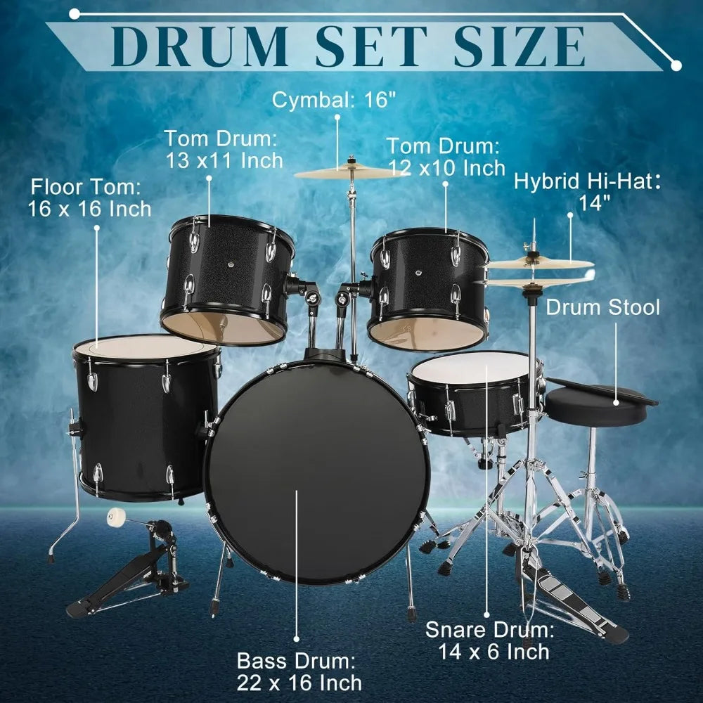 5-Piece Full-Size Drums Kit with Cymbal Stands