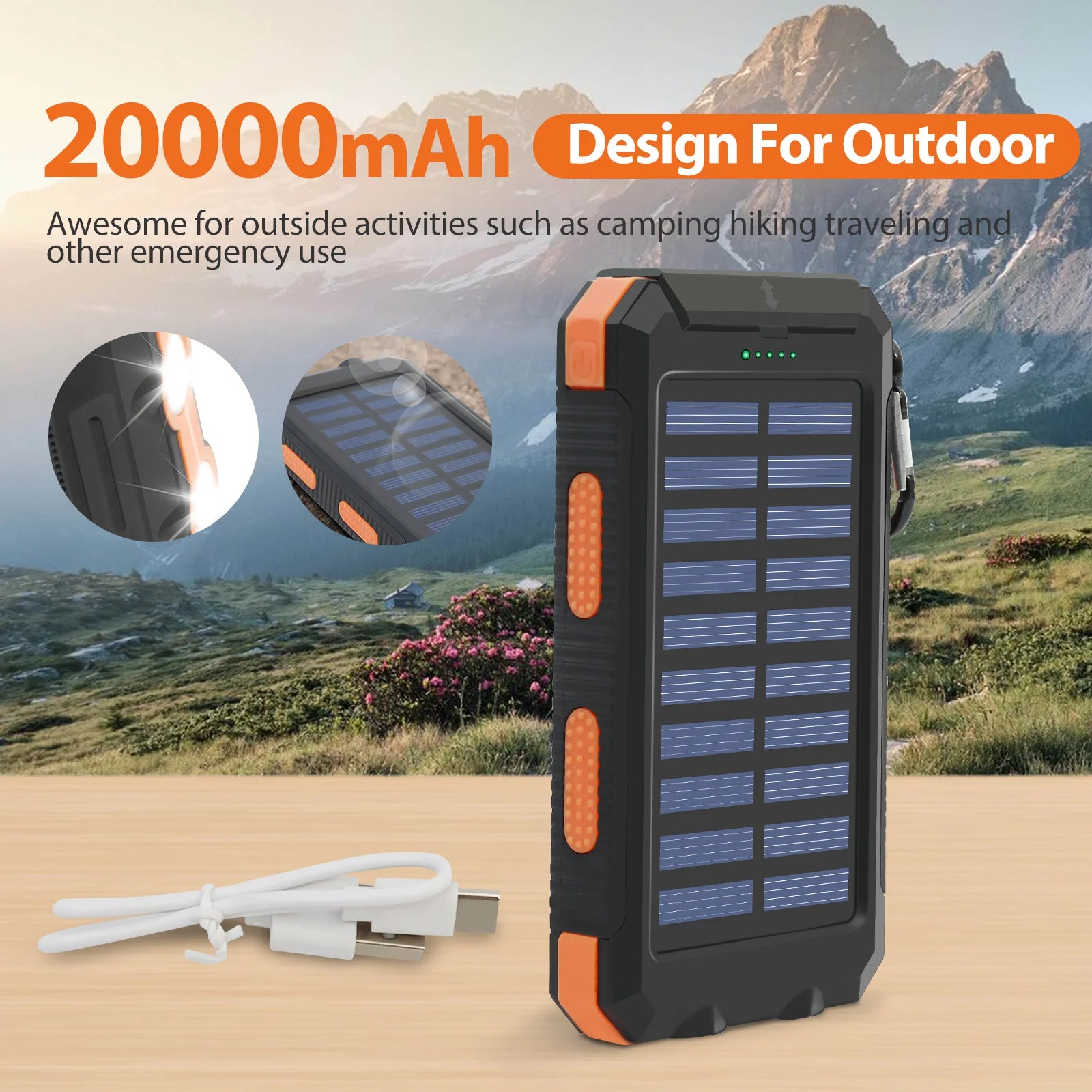 Portable Solar Charger Waterproof w/USB Ports & LED Lights,