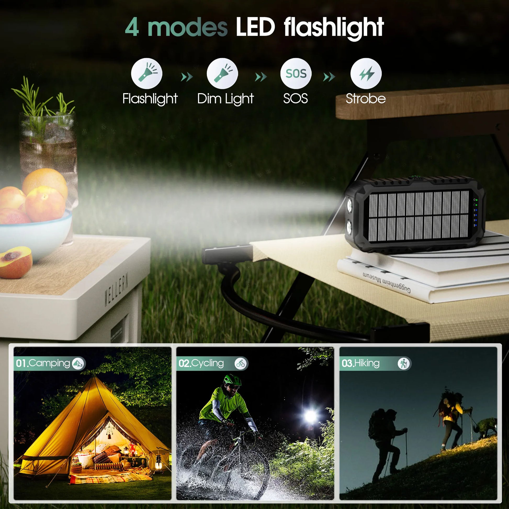 Solar Power Bank Hand Crank Built-in Compass & Leveler