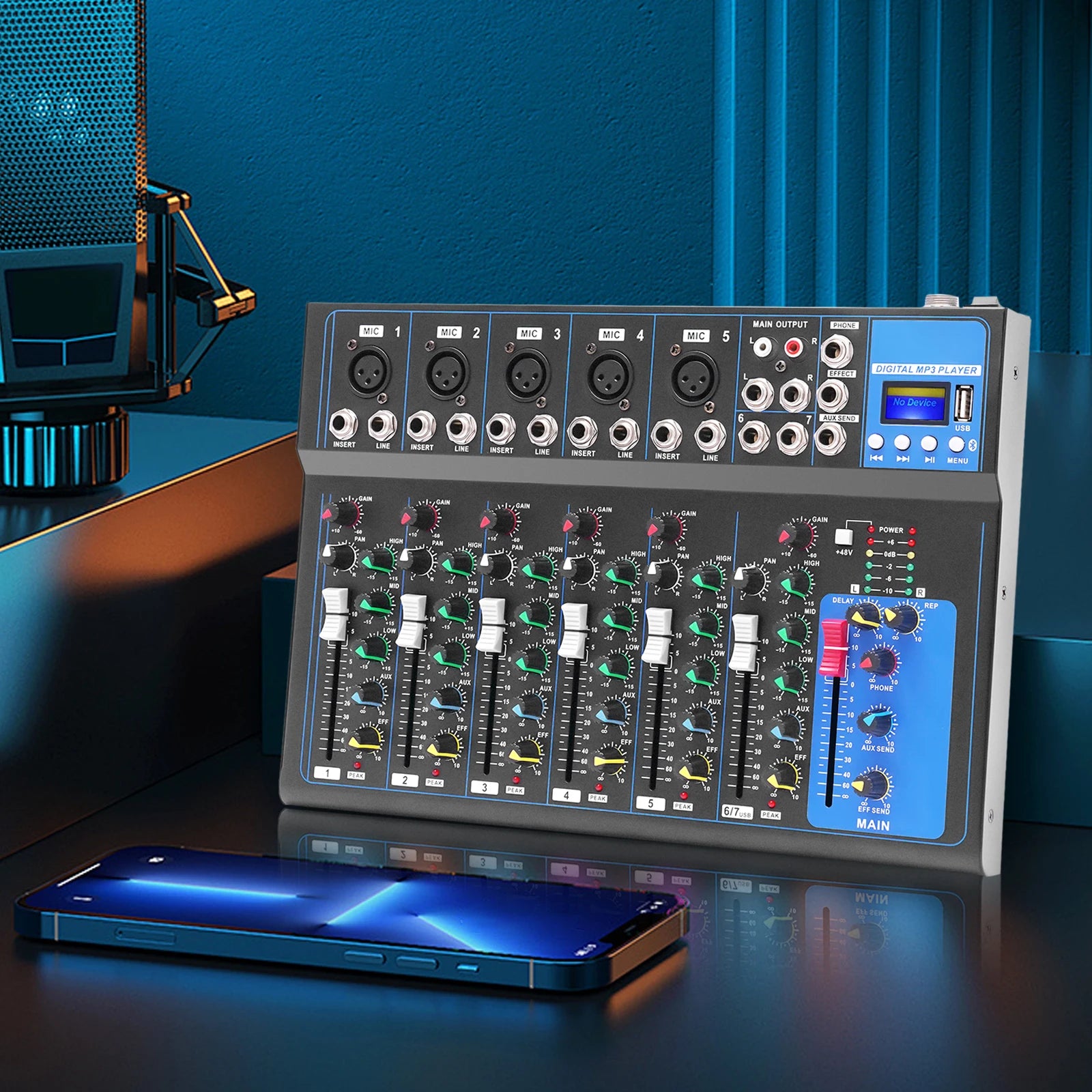 Professional 7-Channel Audio Mixer with Bluetooth